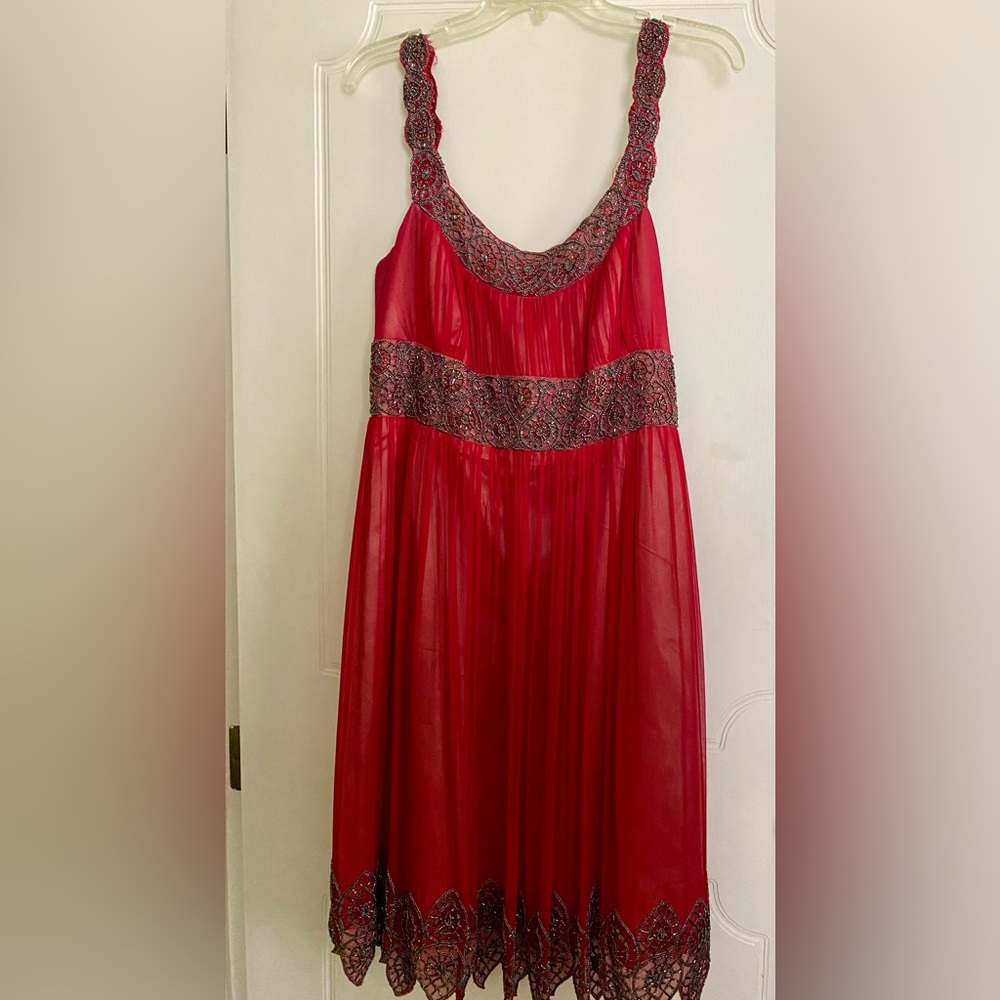 Adrianna Papell Red Dress with Beaded Embellishments